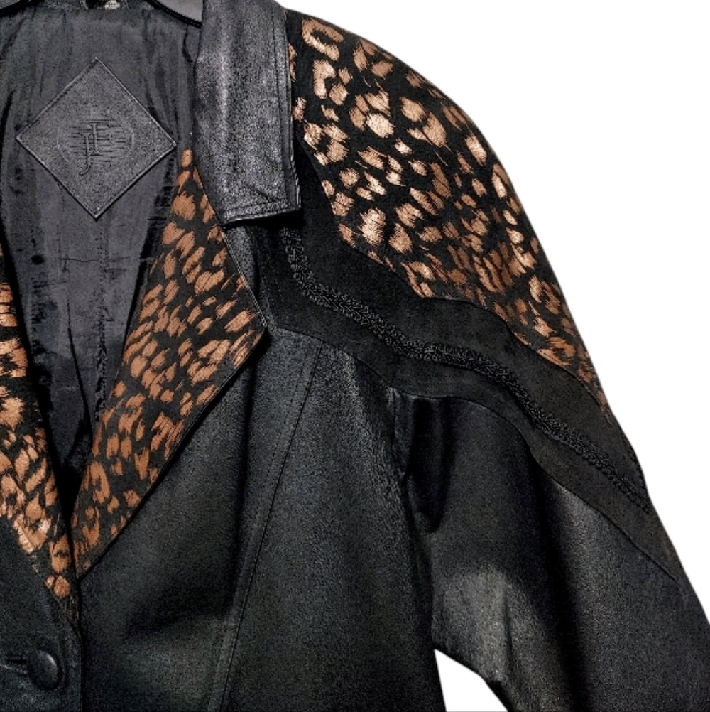 Vintage 80s JF J Ferrar Black Leopard Print Leather Suede Trench Coat Size Large - Picture 7 of 13